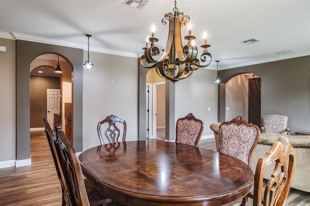 Chandelier, Dining room, Interior, Pendant Lights, Wood Texture Flooring