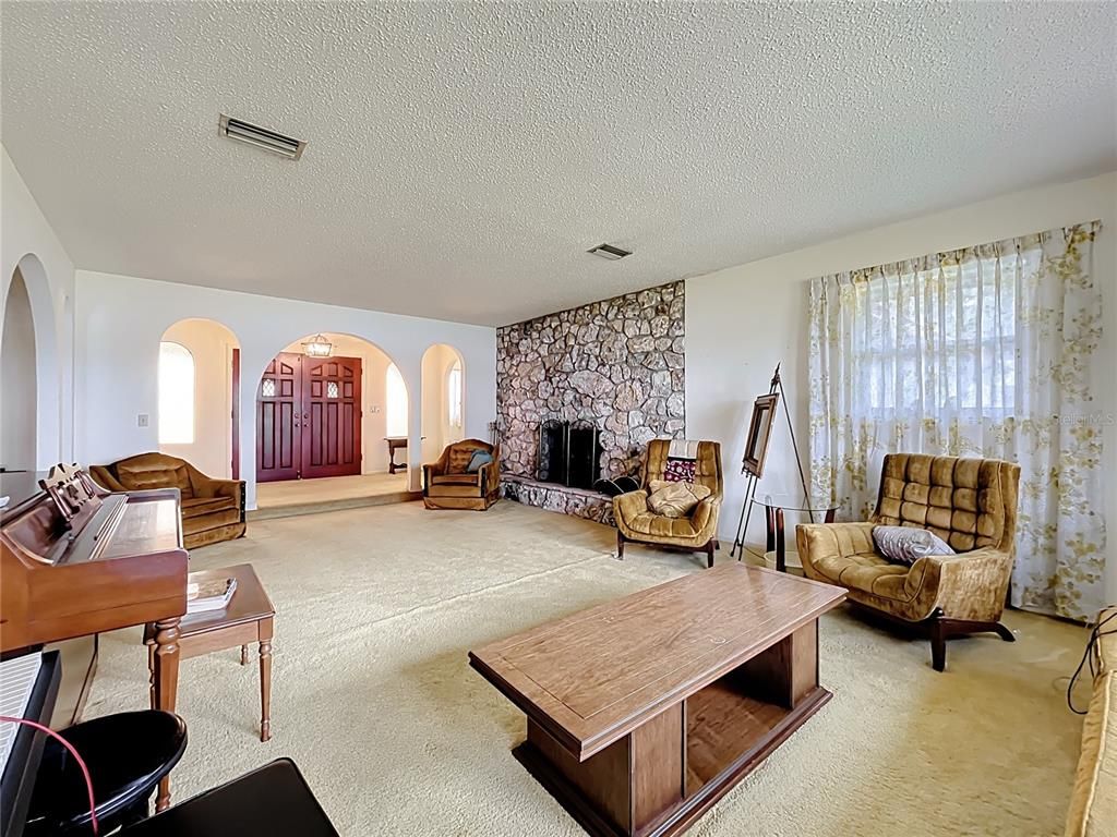 Fireplace, Interior, Living room, Piano, Stone Walls