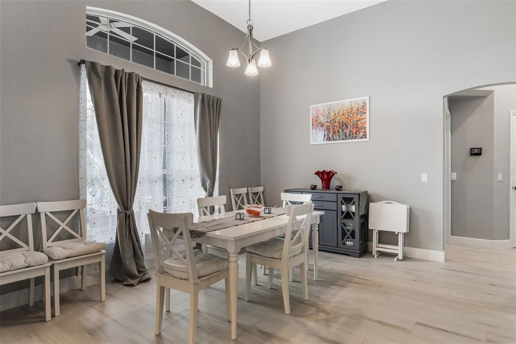 Dining room, Interior, Pendant Lights, Wood Texture Flooring