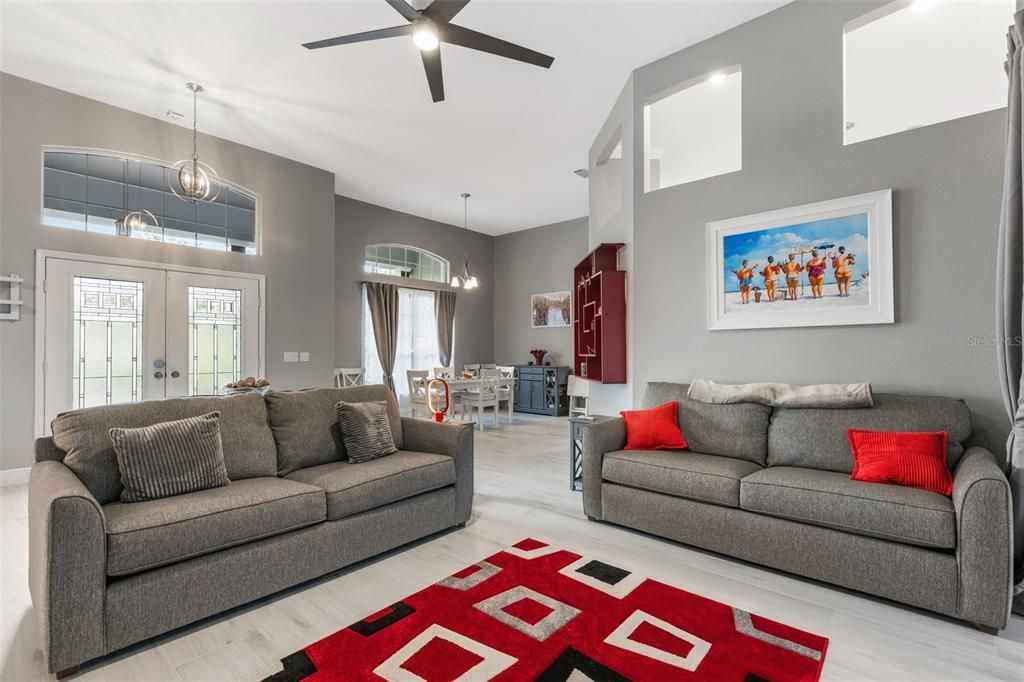 Dining room, Interior, Living room, Pendant Lights, Wood Texture Flooring