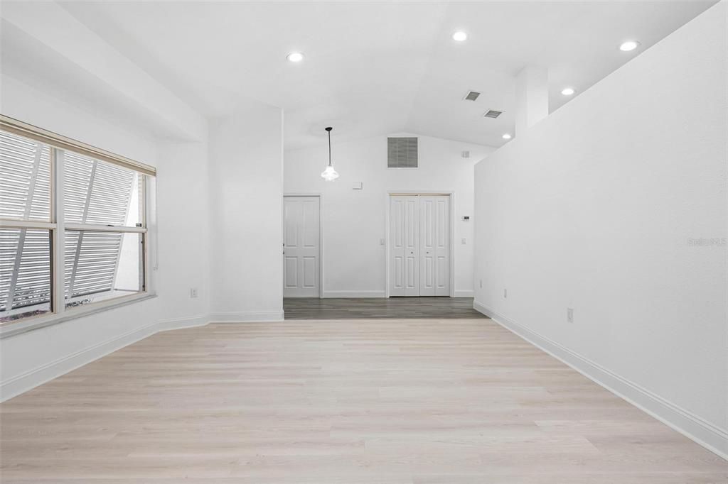 Empty room, Interior, Pendant Lights, Recessed Lighting, Wood Texture Flooring