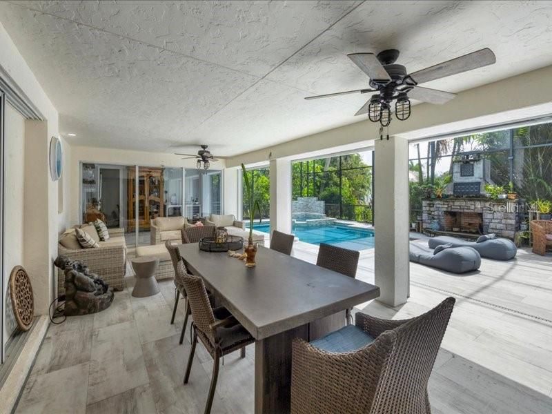 Dining room, Fireplace, Interior, Living room, Pool