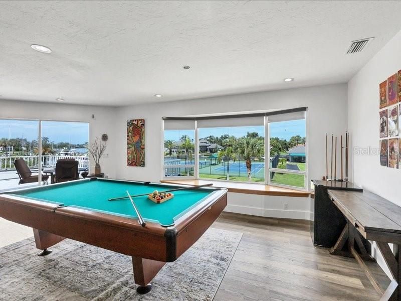 Billiard Table, Game Room, Interior, Recessed Lighting, Water, Wood Texture Flooring