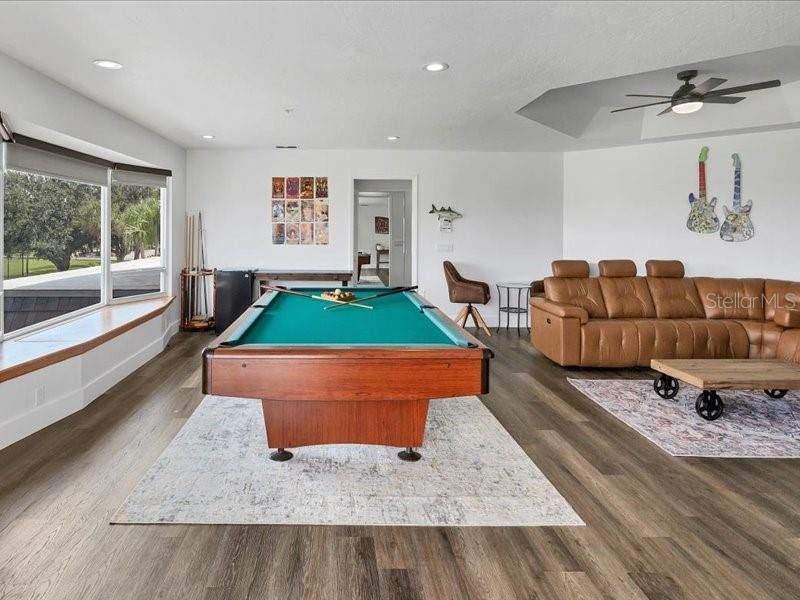 Billiard Table, Game Room, Interior, Recessed Lighting, Wood Texture Flooring