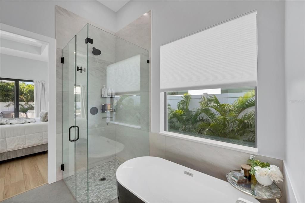 Bathroom, Bedroom, Free Standing Baths, Glass Shower, Interior, Wood Texture Flooring