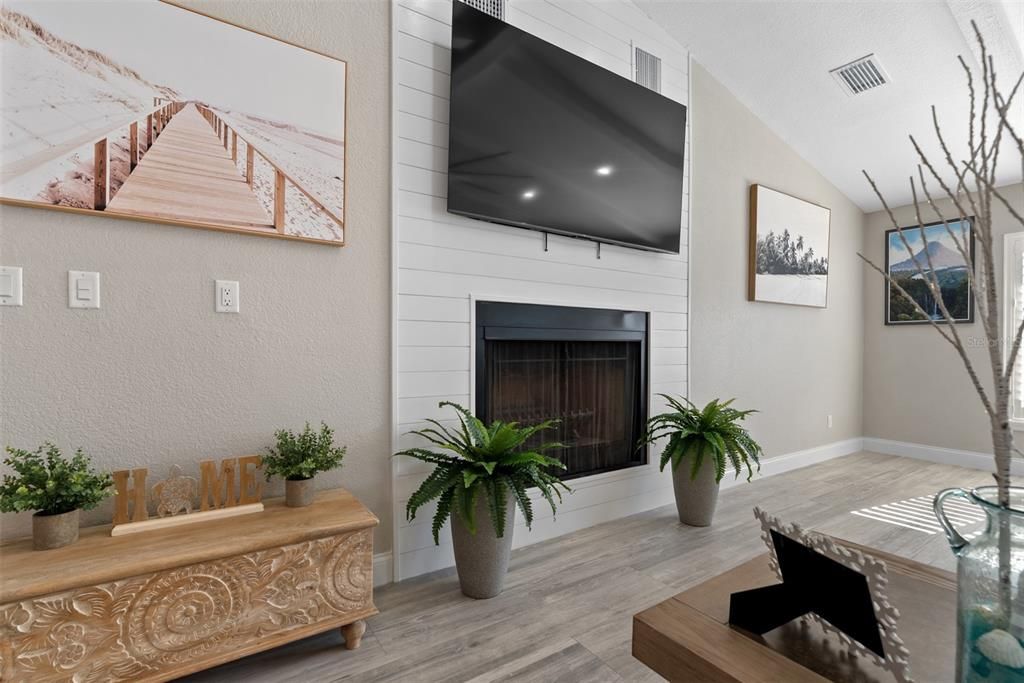 Fireplace, Interior, Recessed Lighting, Wood Texture Flooring