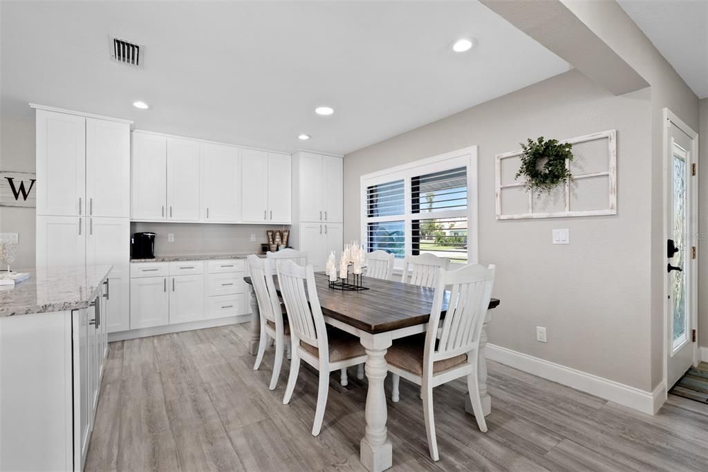 Dining room, Interior, Kitchen, Recessed Lighting, Wood Texture Flooring