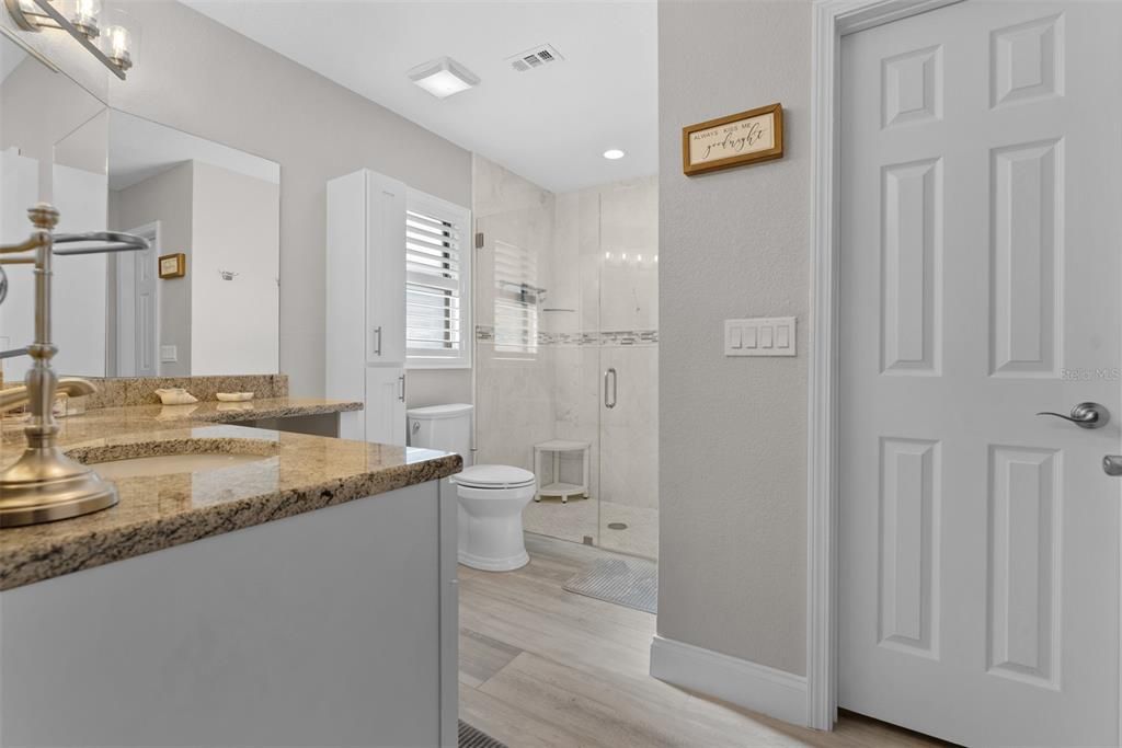 Bathroom, Glass Shower, Interior, Recessed Lighting, Wood Texture Flooring