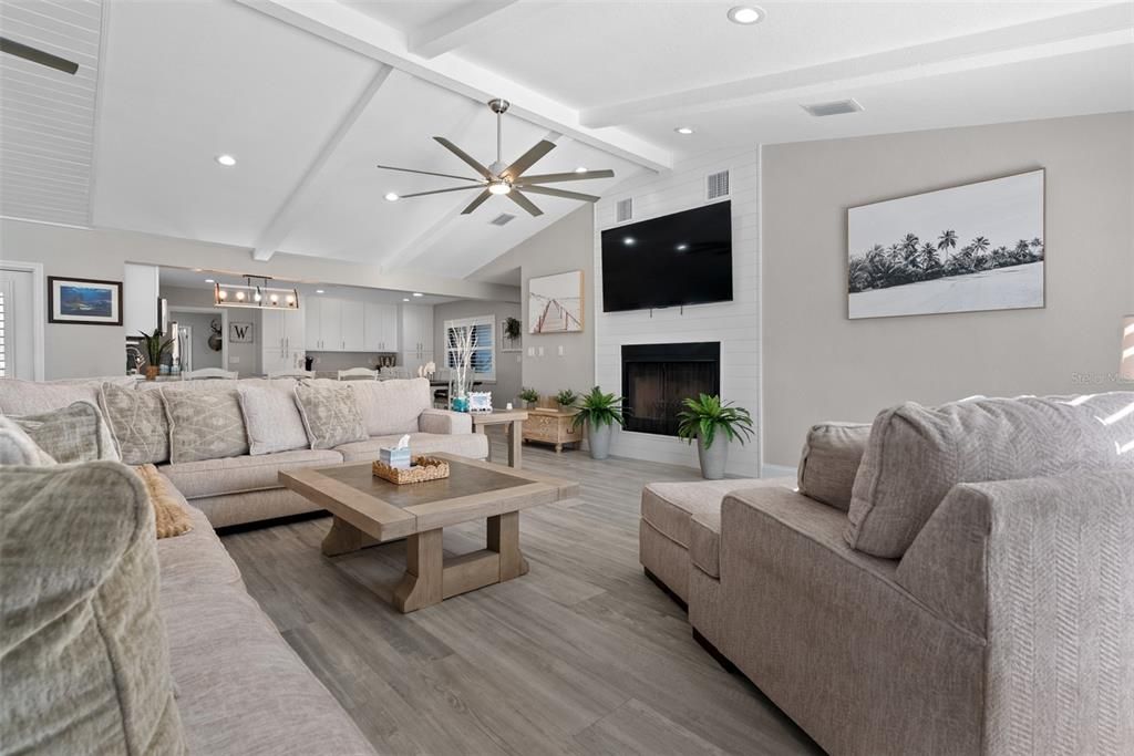 Fireplace, Interior, Kitchen, Living room, Pendant Lights, Recessed Lighting, Wood Texture Flooring