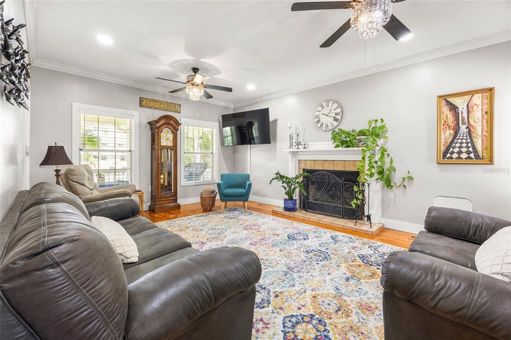 Fireplace, Interior, Living room, Recessed Lighting, Wood Texture Flooring