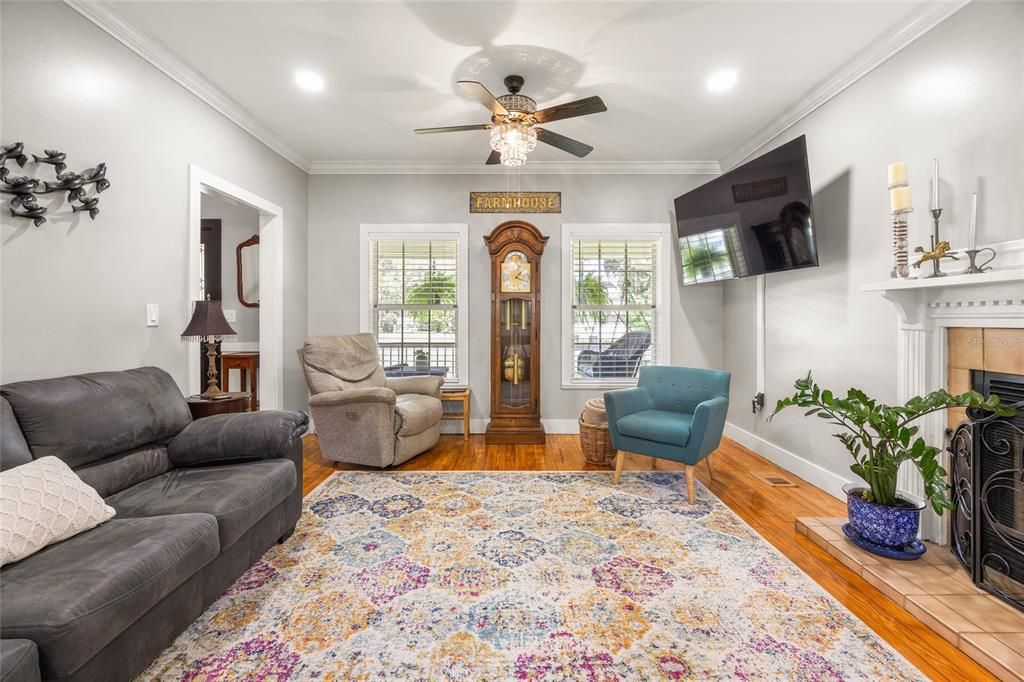 Fireplace, Interior, Living room, Recessed Lighting, Wood Texture Flooring