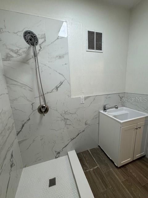 Bathroom, Interior, Marble Walls, Wood Texture Flooring