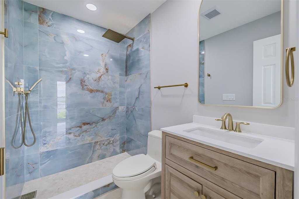 Bathroom, Interior, Marble Walls, Recessed Lighting