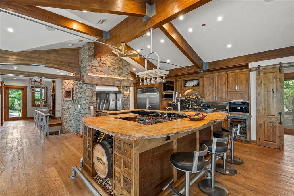 Interior, Kitchen, Recessed Lighting, Stone Walls, Wooden Beams, Wood Texture Flooring