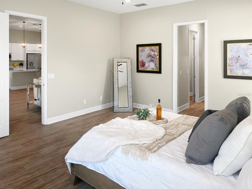 Bedroom, Interior, Pendant Lights, Wood Texture Flooring