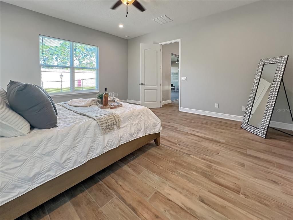 Bedroom, Interior, Recessed Lighting, Wood Texture Flooring