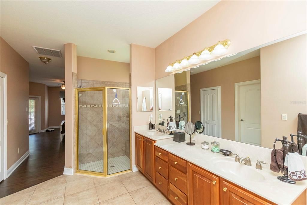 Bathroom, Dual Sink Vanities, Glass Shower, Interior, Wood Texture Flooring