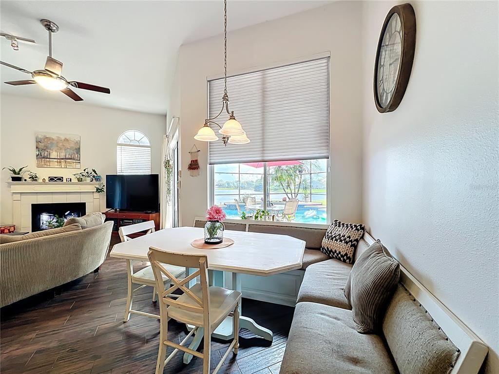 Dining room, Fireplace, Interior, Living room, Pendant Lights, Wood Texture Flooring