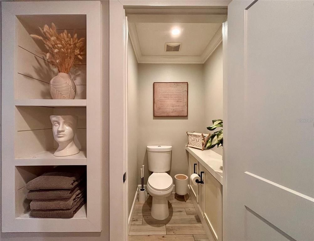 Bathroom, Interior, Recessed Lighting, Wood Texture Flooring