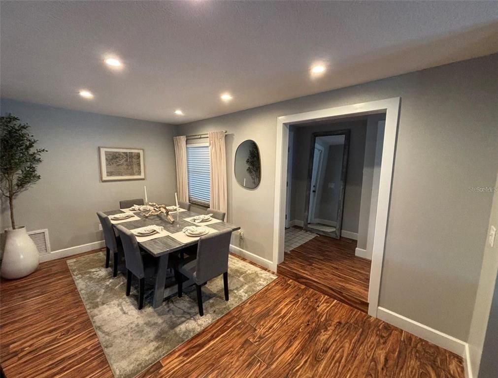 Dining room, Interior, Recessed Lighting, Wood Texture Flooring