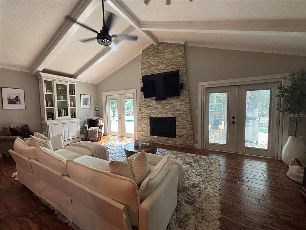 Fireplace, Interior, Living room, Stone Walls, Wood Texture Flooring