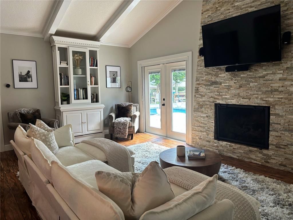 Fireplace, Interior, Living room, Stone Walls, Wood Texture Flooring