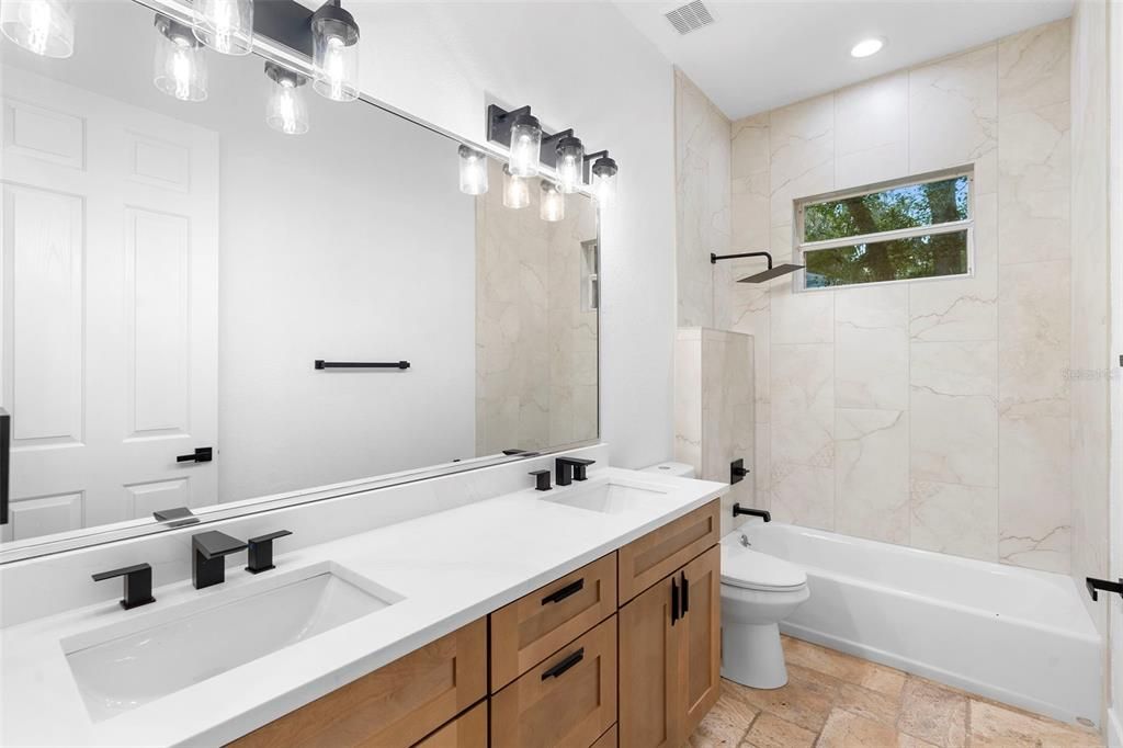Bathroom, Dual Sink Vanities, Interior, Marble Walls, Recessed Lighting