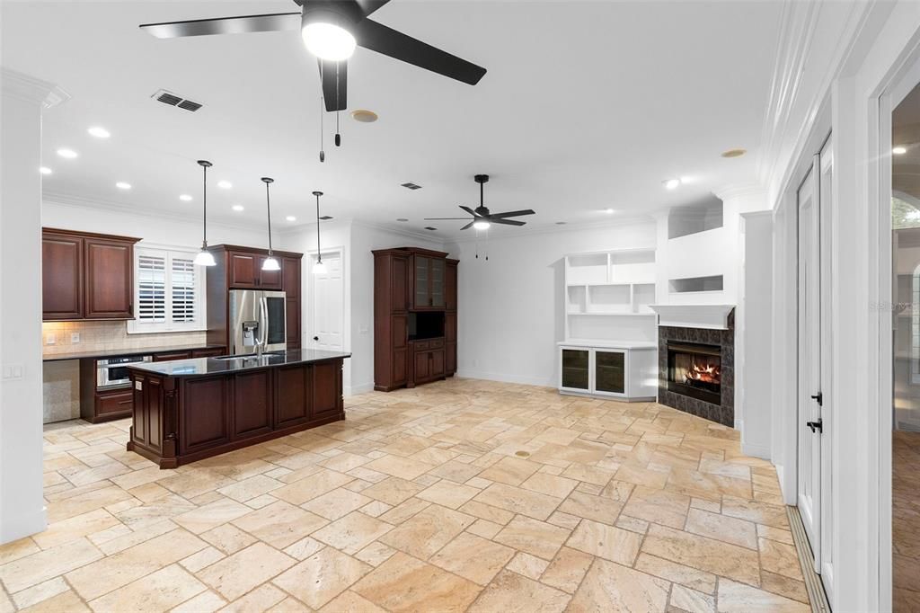 Fireplace, Interior, Kitchen, Pendant Lights, Recessed Lighting, Stainless Steel Appliances