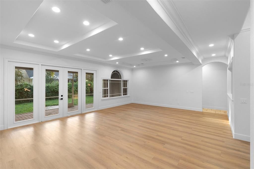 Empty room, Interior, Recessed Lighting, Wood Texture Flooring