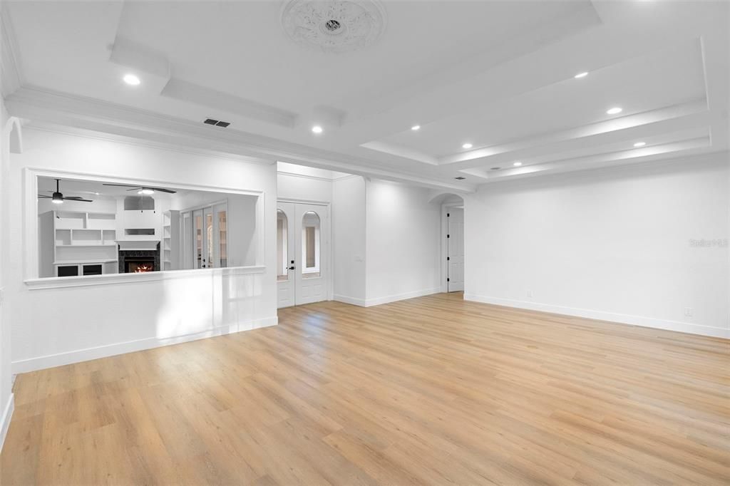 Empty room, Fireplace, Interior, Recessed Lighting, Wood Texture Flooring