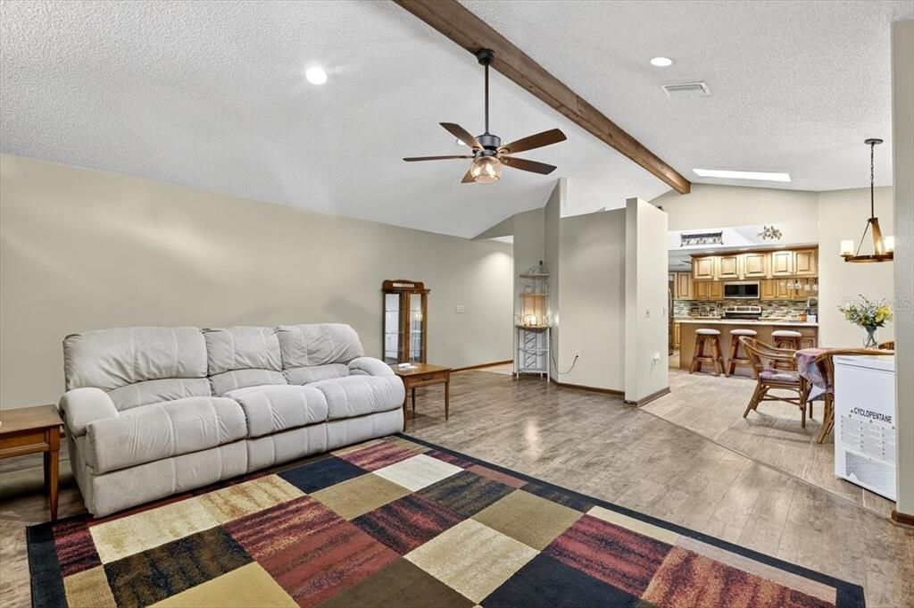 Interior, Kitchen, Living room, Pendant Lights, Recessed Lighting, Wooden Beams, Wood Texture Flooring