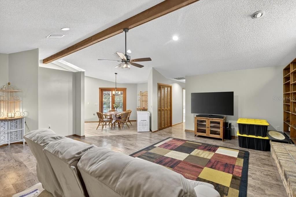 Dining room, Interior, Living room, Recessed Lighting, Wooden Beams