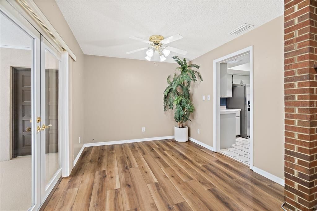 Empty room, Interior, Kitchen, Stone Walls, Wood Texture Flooring