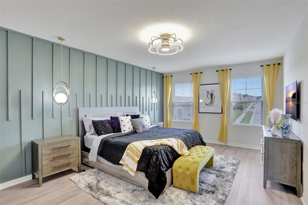 Bedroom, Interior, Pendant Lights, Wood Texture Flooring