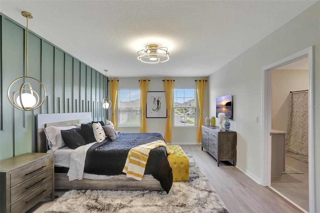 Bedroom, Interior, Pendant Lights, Wood Texture Flooring