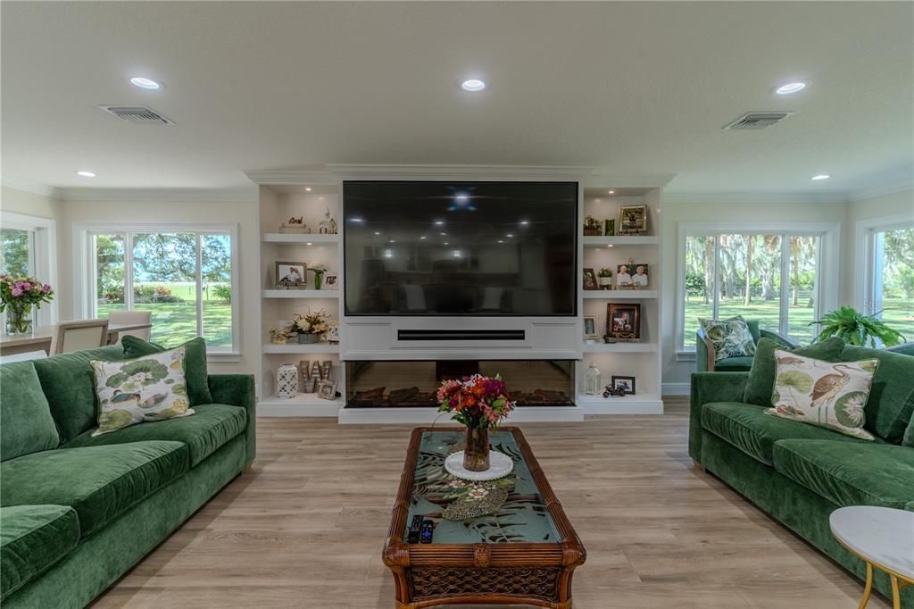 Fireplace, Interior, Living room, Recessed Lighting, Wood Texture Flooring