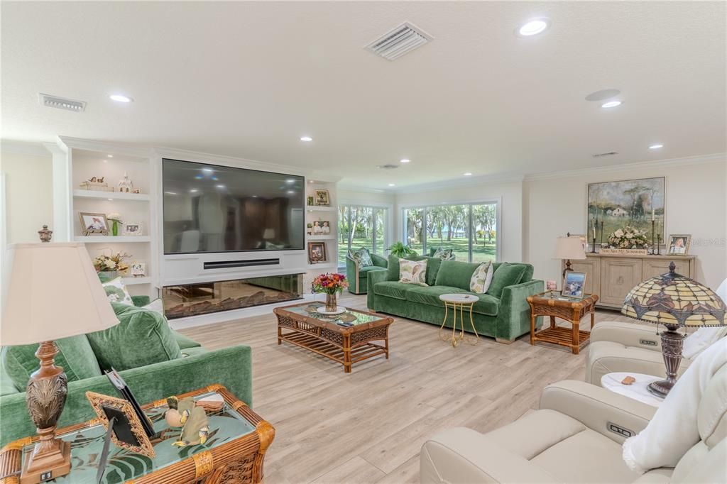 Fireplace, Interior, Living room, Recessed Lighting, Wood Texture Flooring