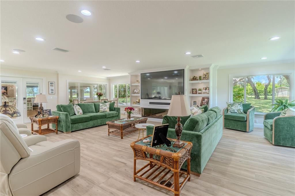 Fireplace, Interior, Living room, Recessed Lighting, Wood Texture Flooring