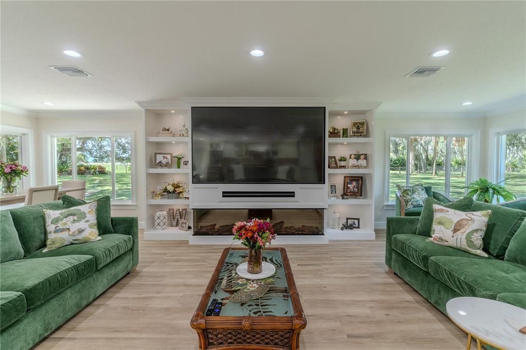 Fireplace, Interior, Living room, Recessed Lighting, Wood Texture Flooring