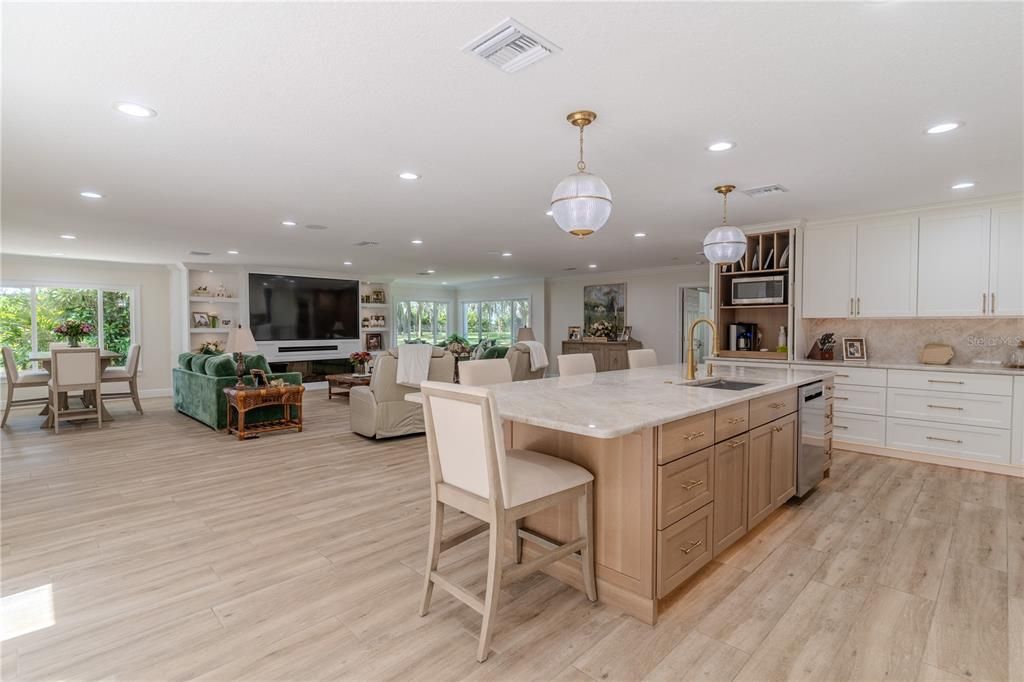 Dining room, Interior, Kitchen, Living room, Recessed Lighting, Wood Texture Flooring