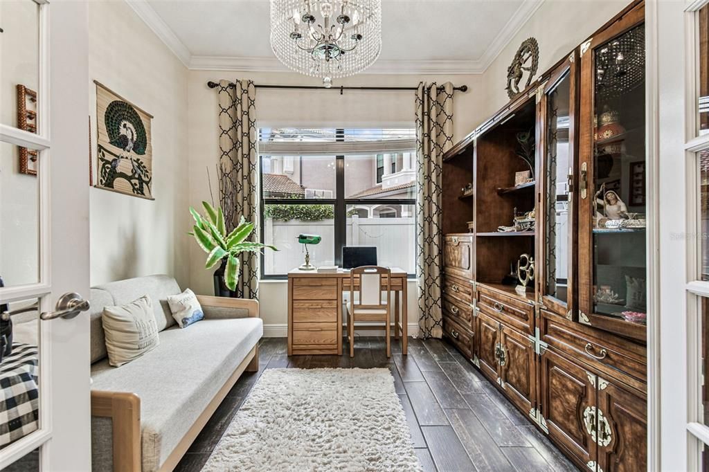 Chandelier, Home Office, Interior, Wood Texture Flooring
