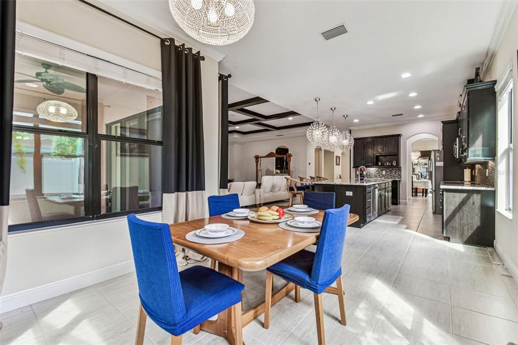 Chandelier, Dining room, Interior, Kitchen, Recessed Lighting, Stainless Steel Appliances