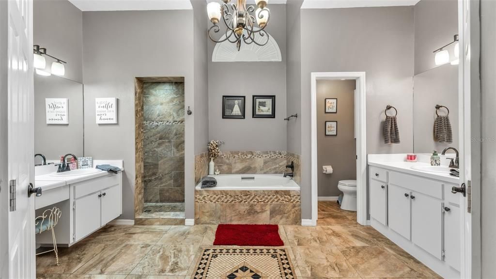 Bathroom, Chandelier, Dual Sink Vanities, Glass Shower, Interior