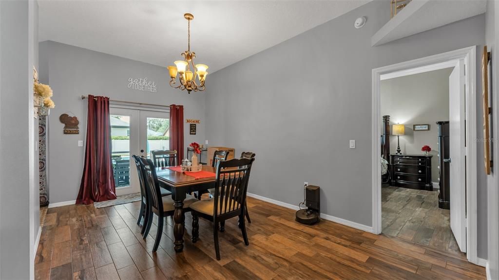 Chandelier, Dining room, Interior, Wood Texture Flooring