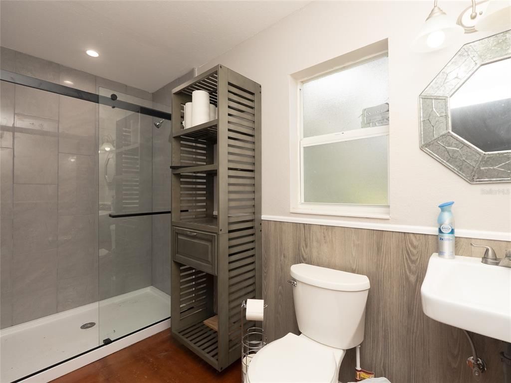 Bathroom, Glass Shower, Interior, Recessed Lighting, Wood Texture Flooring