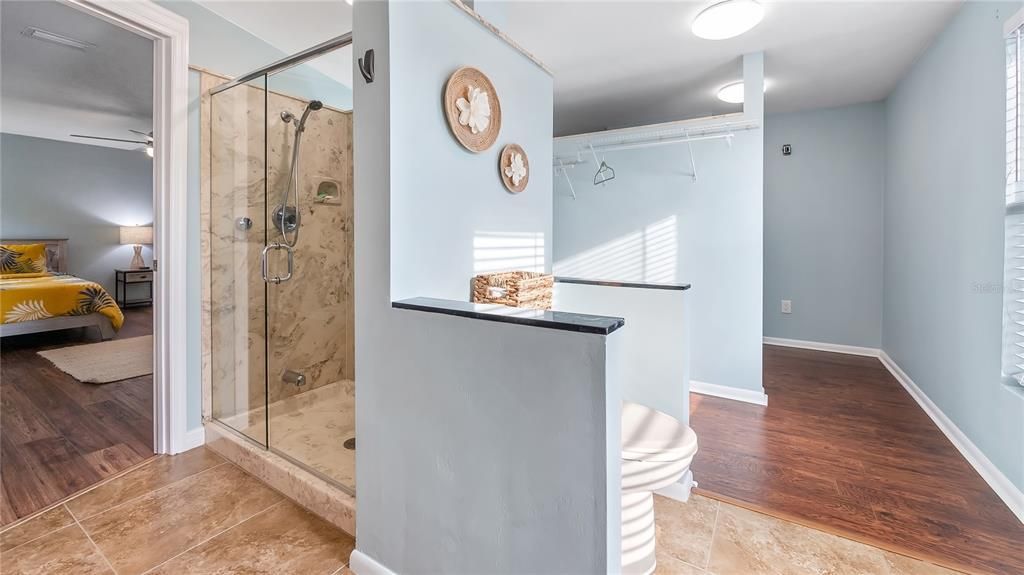 Bathroom, Bedroom, Glass Shower, Interior, Wood Texture Flooring