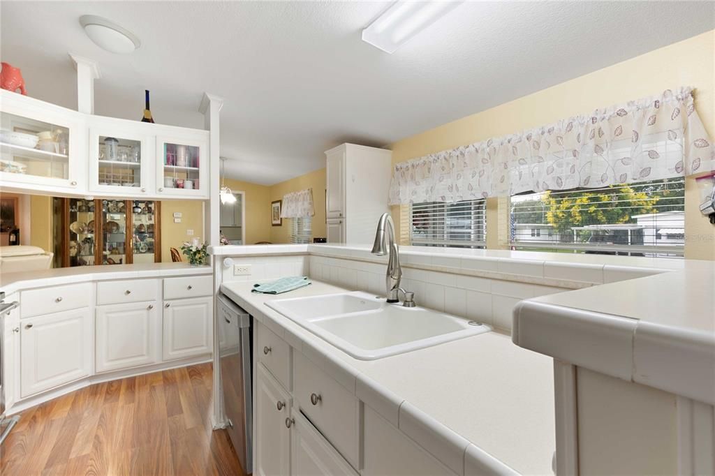 Interior, Kitchen, Tile Countertops, Wood Texture Flooring