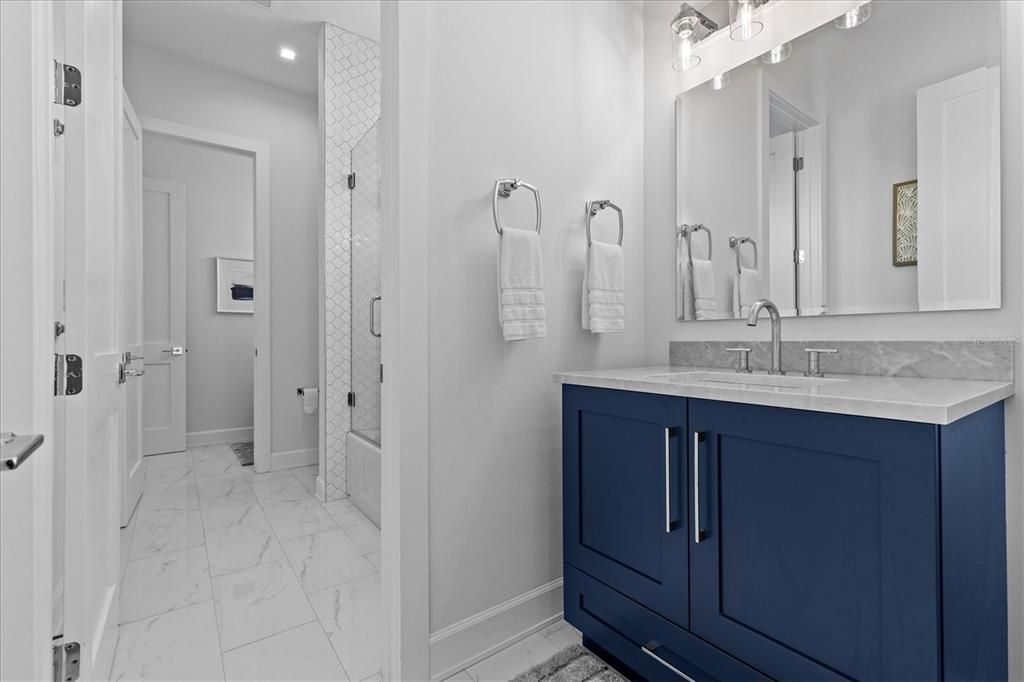 Bathroom, Glass Shower, Interior, Marble, Recessed Lighting