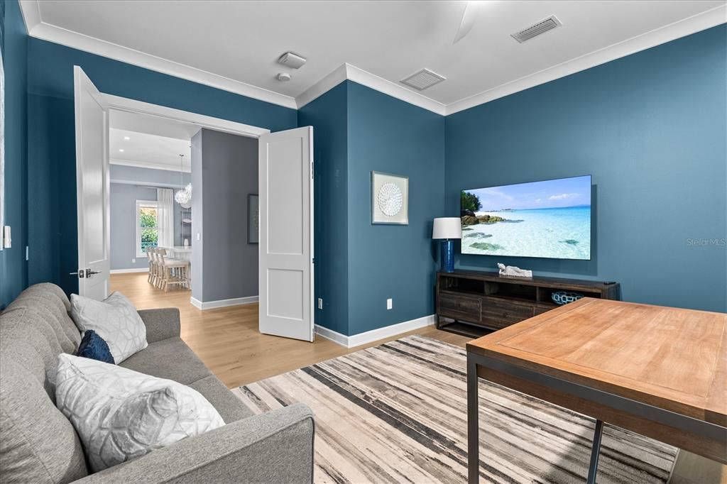 Dining room, Interior, Living room, Recessed Lighting, Wood Texture Flooring