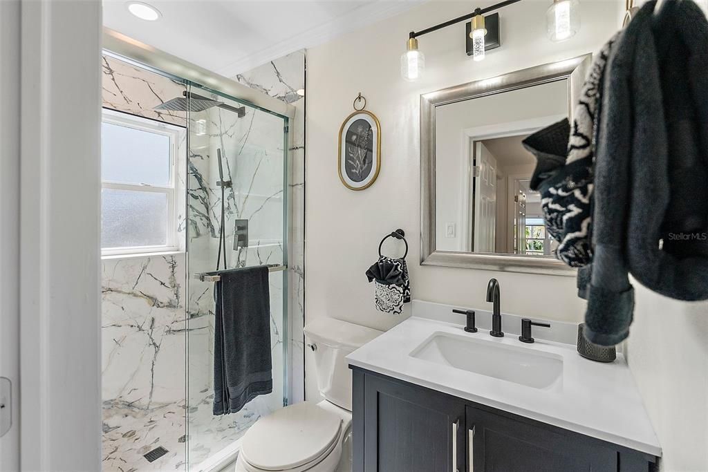 Bathroom, Glass Shower, Interior, Marble Walls, Recessed Lighting